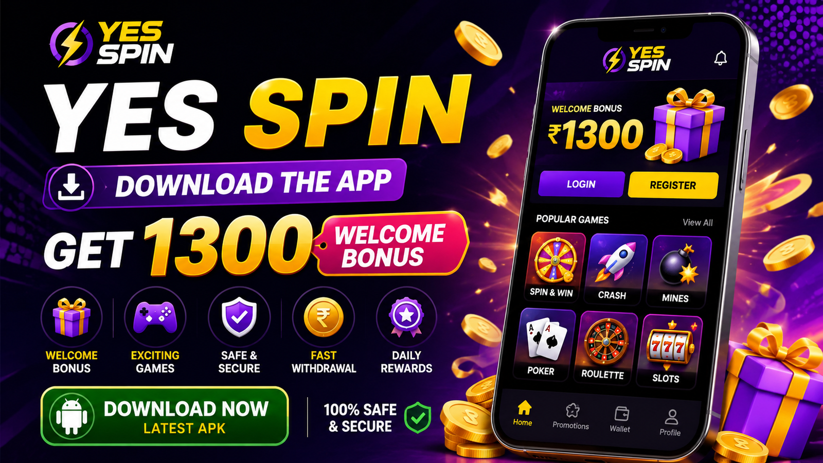 Yes Spin Download APK Latest Version with 1300 Welcome Bonus